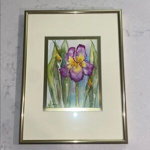 Vintage Framed Floral Watercolor Art of Purple Iris, Joan Miley Artist